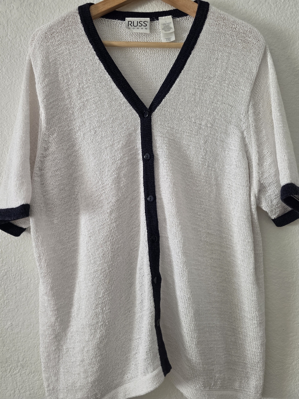 Russ Short Sleeve V-Neck Button Cardigan in White with Black Trim